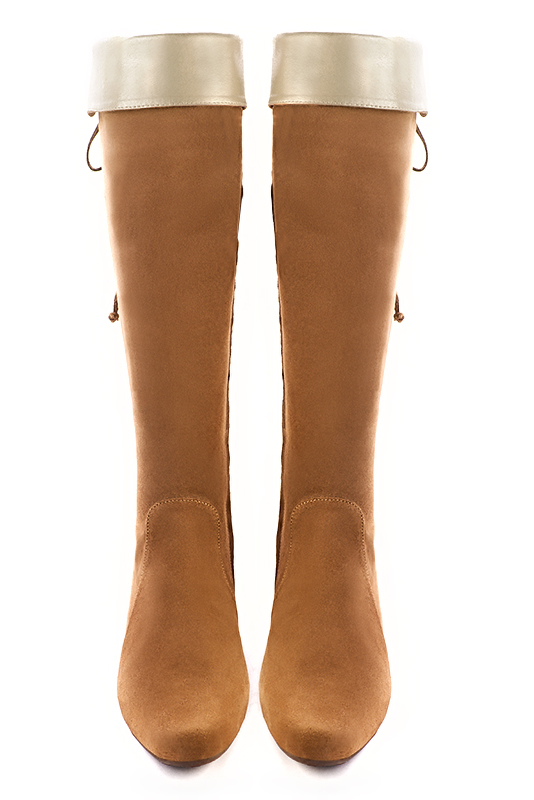 Camel beige and gold women's knee-high boots, with laces at the back. Round toe. Low flare heels. Made to measure. Top view - Florence KOOIJMAN